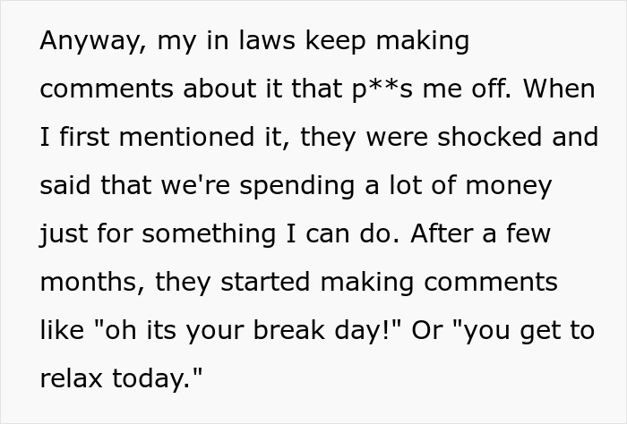 Working mom frustrated with in-laws who think once-a-week daycare means she has an easy break from childcare. - 6