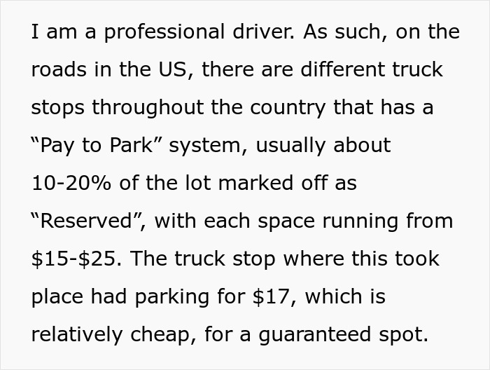Text excerpt from a professional driver about illegal parking and consequences at US truck stops with paid reserved spots.
