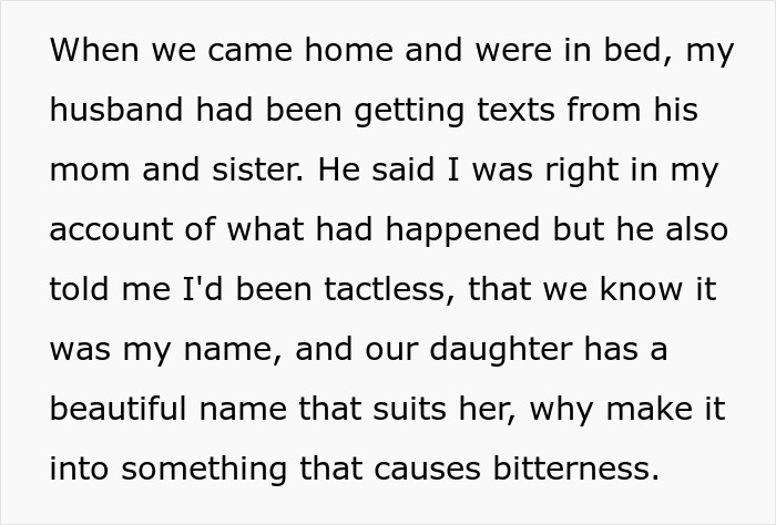 Text excerpt describing a woman correcting her mother-in-law about the baby's name causing family tension.