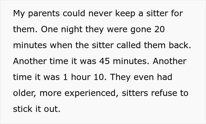 Text excerpt about parents struggling to keep babysitters, highlighting refusal to babysit siblings after poor treatment. Text excerpt about parents struggling to keep babysitters, highlighting refusal to babysit siblings after poor treatment.