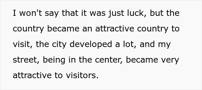 Text excerpt about a city becoming attractive to visitors, related to neighbor refusing tourists patio use and Airbnb host dispute.