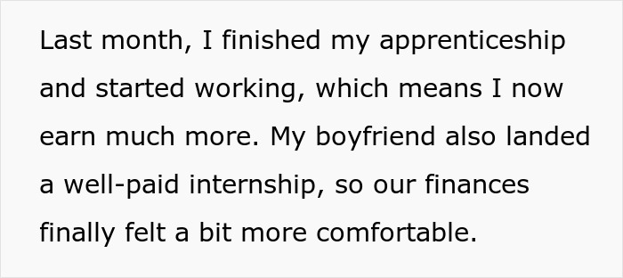 Text excerpt about finishing an apprenticeship and starting work, highlighting financial comfort despite parents forcing pay expensive rent.