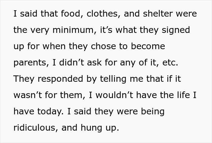 Text excerpt showing a woman refusing to hand over her savings after parents claim it is rightfully theirs.
