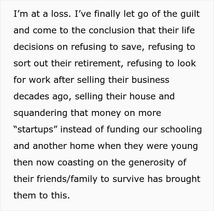 Text about elderly parents expecting daughter to support them after squandering savings on unsuccessful business schemes. Text about elderly parents expecting daughter to support them after squandering savings on unsuccessful business schemes.