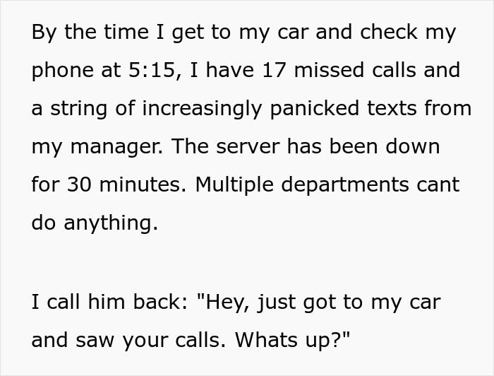 Text excerpt showing missed calls and panic from manager after phones were banned during work hours, depicting malicious compliance. Text excerpt showing missed calls and panic from manager after phones were banned during work hours, depicting malicious compliance.