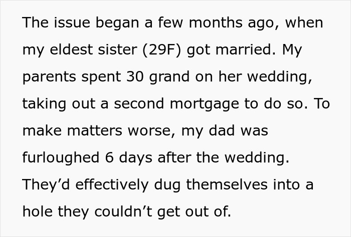 Text excerpt describing a family financial dispute after parents spent savings on a wedding and faced hardship.