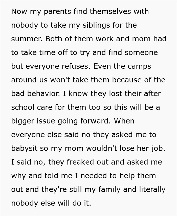 Guy refuses to babysit siblings after years of being treated like a stranger, causing family tensions and caregiving issues. Guy refuses to babysit siblings after years of being treated like a stranger, causing family tensions and caregiving issues.
