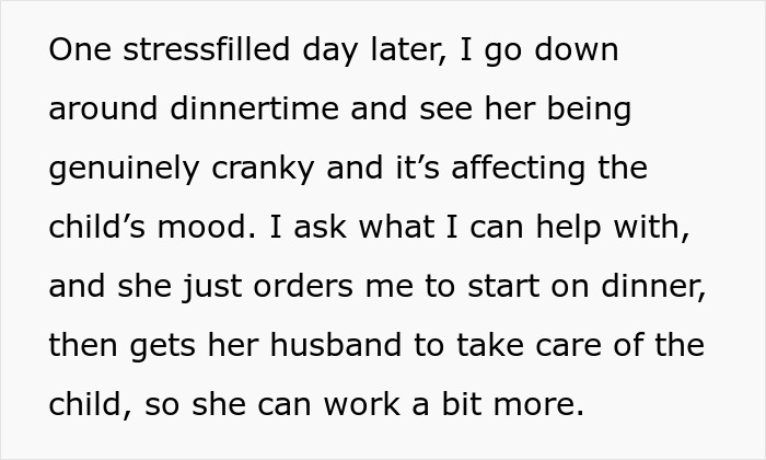 Text describing a woman expecting her cousin to babysit instead of attending school, causing stress and frustration.