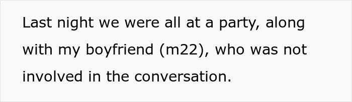 Text excerpt from a story where a woman's boyfriend and friends discuss body count and relationships at a party. Text excerpt from a story where a woman's boyfriend and friends discuss body count and relationships at a party.