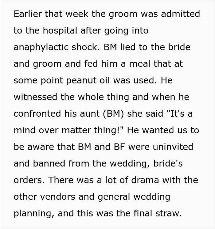 Text excerpt describing chaos at a wedding leading to a crime scene and the bride&rsquo;s mother going to jail.