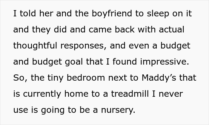 Text excerpt discussing a caring dad planning a nursery after letting his pregnant daughter move back home.