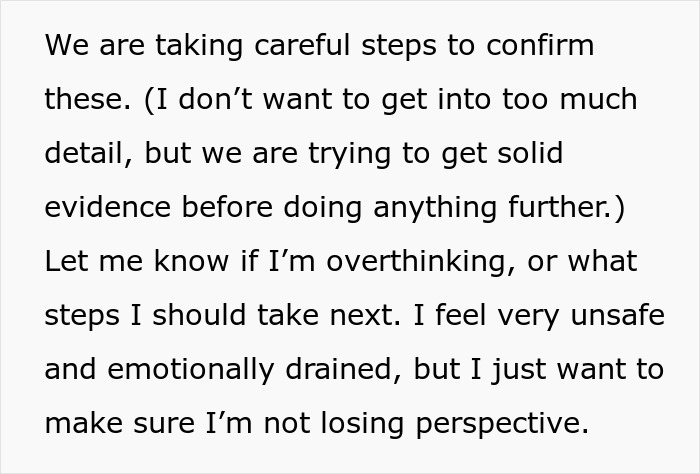 Text discussing emotional distress and caution while seeking evidence related to a man getting sick after eating food his dad has touched.
