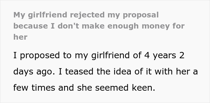 Text excerpt discussing a man’s dream proposal ending in heartbreak as his girlfriend prefers a rich husband over a hardworking partner. Text excerpt discussing a man’s dream proposal ending in heartbreak as his girlfriend prefers a rich husband over a hardworking partner.