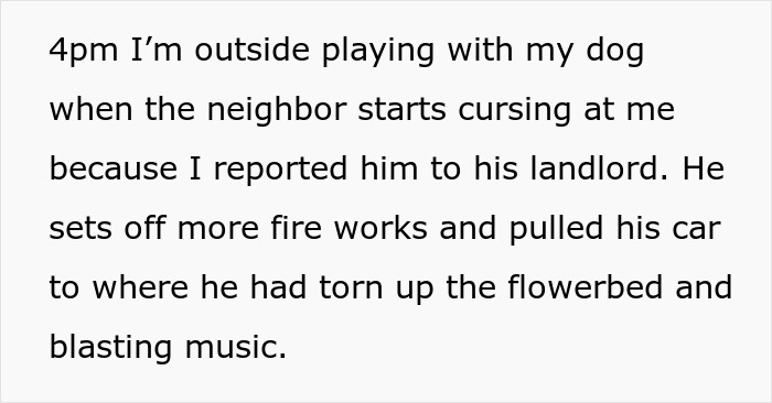 Text showing a woman outside with her dog as a nasty neighbor trashes her yard after she posts no trespassing sign.