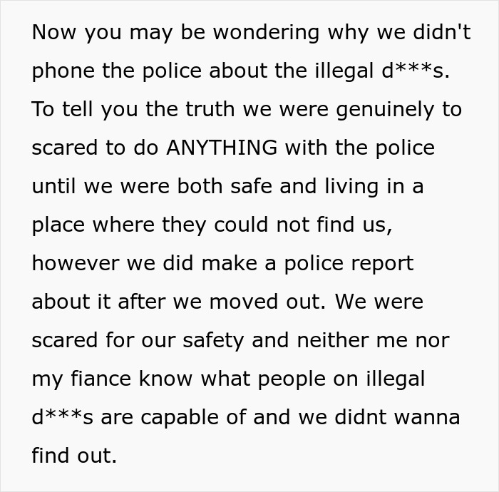 Text excerpt discussing fear of reporting illegal activities to police due to safety concerns after roommates refuse to return AC unit.