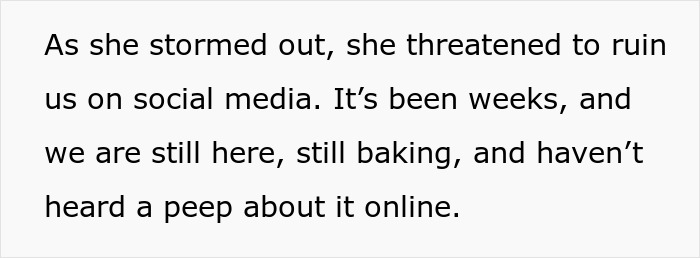 Text snippet showing a bakery's response to a woman threatening social media roasting after no refund on a half-eaten cake.