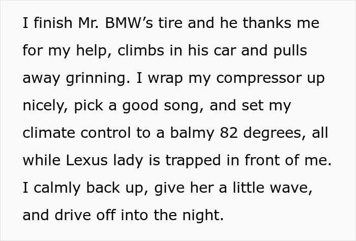 Lady in brand new Lexus trapped between curbs after skipping air pump line, facing petty justice at tire inflation station. - 19