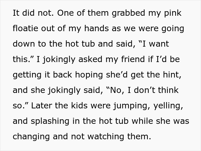 Text excerpt about woman dealing with friend’s rowdy kids at a hot tub leading to childfree events decision. - 9