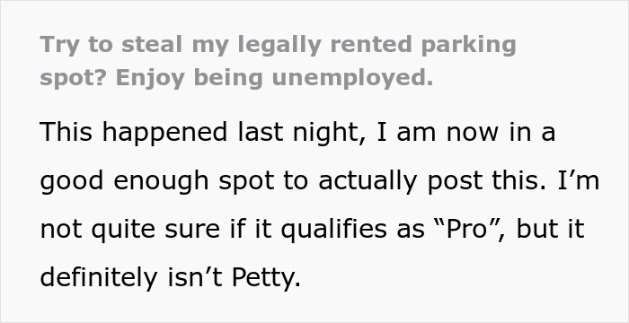 Text post about someone illegally parking and facing unemployment after being caught drinking in a work truck.