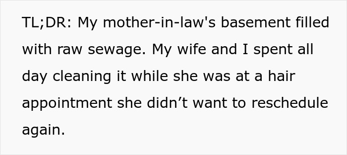 Text post explaining a sewage disaster in a basement with a mother-in-law skipping cleanup for a salon appointment.