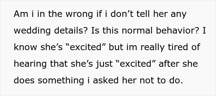 Text on screen showing a bride questioning if cutting mom off from key wedding plans is justified after a proposal update. Text on screen showing a bride questioning if cutting mom off from key wedding plans is justified after a proposal update.