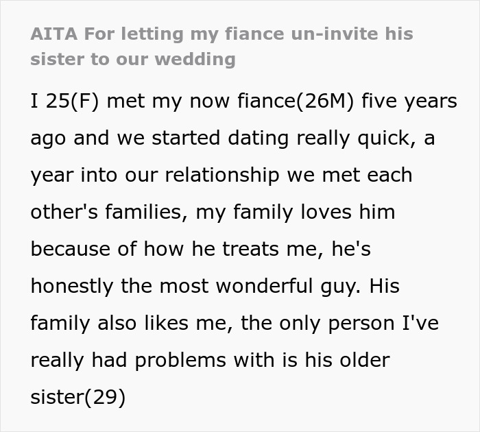 Text excerpt discussing issues with fiance's sister and wedding invite, focusing on fiance-sister-invite-wedding conflict.