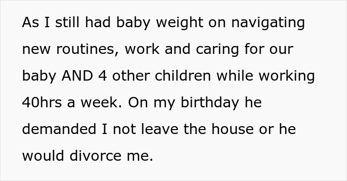 Text showing a woman describing handling baby weight, childcare, work, and her husband demanding divorce until he loses his job. Text showing a woman describing handling baby weight, childcare, work, and her husband demanding divorce until he loses his job.