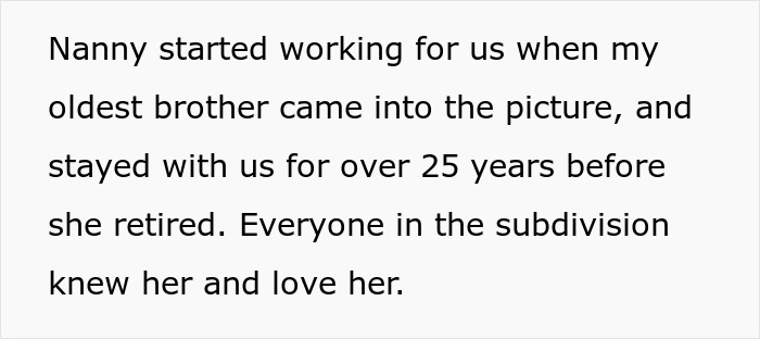 Text excerpt about a nanny remembered fondly for long-term care, highlighting community love and respect.