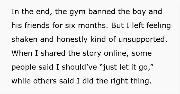 Text excerpt showing a gym banning a boy and his friends for six months after a photo incident involving a teen's phone.