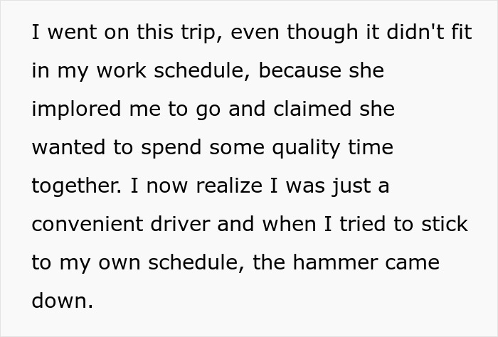 Man shares resentment during unwanted trip while wife humiliates husband by expressing years of built-up frustration.