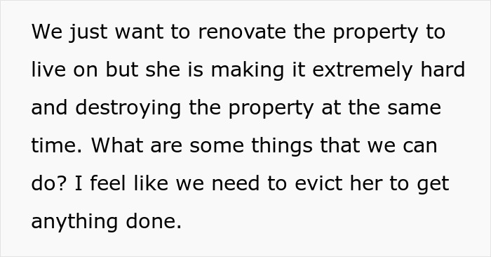 Couple struggles with hoarder MIL squatting in their inherited home, considering legal eviction to regain control.