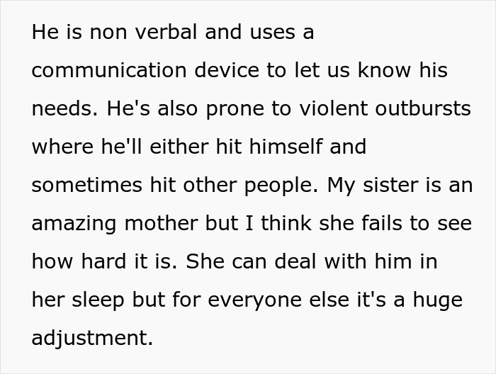 Alt text: Explanation of challenges faced by a woman refusing to babysit her autistic nephew due to violent outbursts and safety concerns.