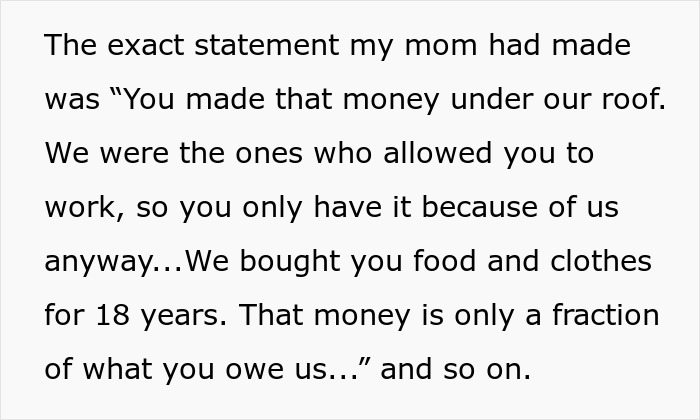 Text excerpt showing a mother claiming her child owes her part of their savings due to support over 18 years.