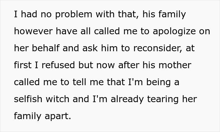 Text discussing a fiance sister invite wedding conflict involving family apologies and accusations of selfishness.