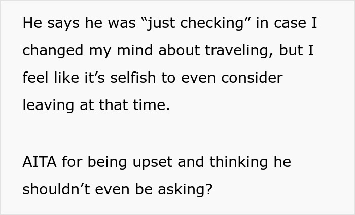 Text excerpt discussing a man asking his wife for permission to travel alone after her scheduled C-section.