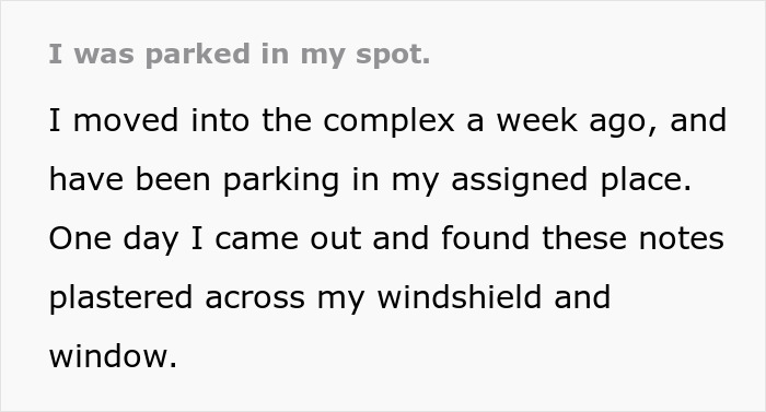 Woman describes dodgy neighbor&rsquo;s anonymous notes trying to trick her into giving up her assigned parking spot.