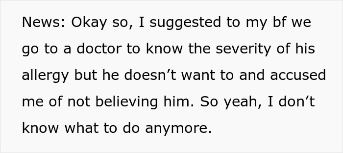 Text message about boyfriend&rsquo;s allergy severity and girlfriend&rsquo;s concern about his refusal to see a doctor.