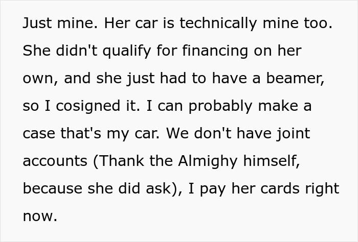 Text excerpt discussing a fiance-destitute relationship with shared car ownership and separate finances. Text excerpt discussing a fiance-destitute relationship with shared car ownership and separate finances.