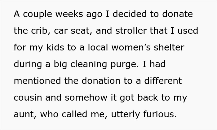 Text excerpt about donating children's items leads to family feud involving lady wanting to be a grandma and disabled daughter pregnancy.