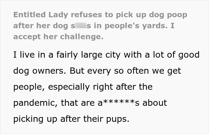 Text excerpt describing petty revenge on an entitled dog owner who refuses to clean up after their dog.