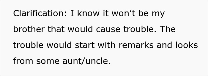 Text highlighting a man clarifying concerns about his gay brother coming out at a family wedding due to relatives' reactions. Text highlighting a man clarifying concerns about his gay brother coming out at a family wedding due to relatives' reactions.