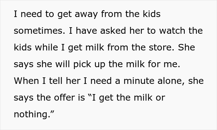 Text excerpt discussing a guy accusing his sister of being a stranger to his kids after she refuses childcare duties.