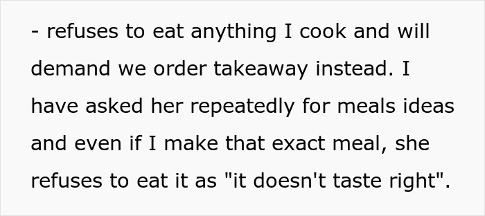 Text excerpt about a woman dealing with a houseguest who refuses her cooking and demands takeaway meals. Text excerpt about a woman dealing with a houseguest who refuses her cooking and demands takeaway meals.