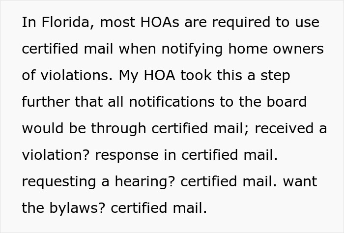 Text explaining HOA certified mail requirements in Florida, illustrating follow ups in dealing with petty HOA disputes.
