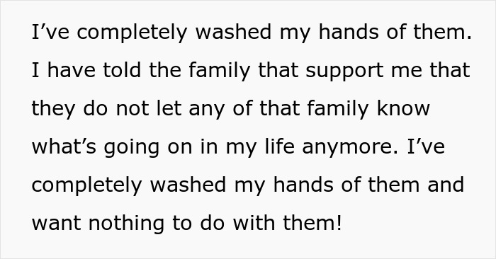Text excerpt showing a woman expressing she has washed her hands of the family and cut off contact completely.