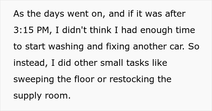 Text excerpt about feeling rushed after 3:15 PM and doing small tasks instead of washing a car, illustrating flexible hours impact. Text excerpt about feeling rushed after 3:15 PM and doing small tasks instead of washing a car, illustrating flexible hours impact.