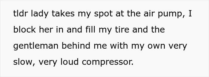 Text describing a lady in a brand new Lexus skipping the air pump line and getting trapped between curbs as petty justice unfolds. - 20