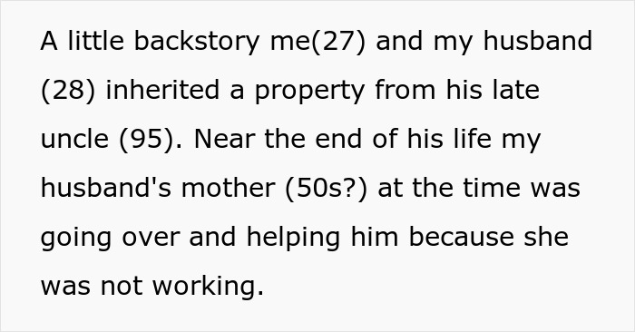 Text excerpt about a couple inheriting a property and their hoarder MIL squatting in their inherited home.