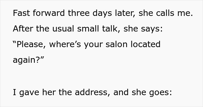 Text excerpt discussing a phone call about the location of a salon related to free salon service marriage. Text excerpt discussing a phone call about the location of a salon related to free salon service marriage.