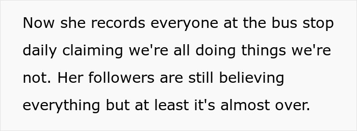 Text excerpt showing a woman recording neighbors at a bus stop amid influencer neighbors putting woman hospital controversy. Text excerpt showing a woman recording neighbors at a bus stop amid influencer neighbors putting woman hospital controversy.